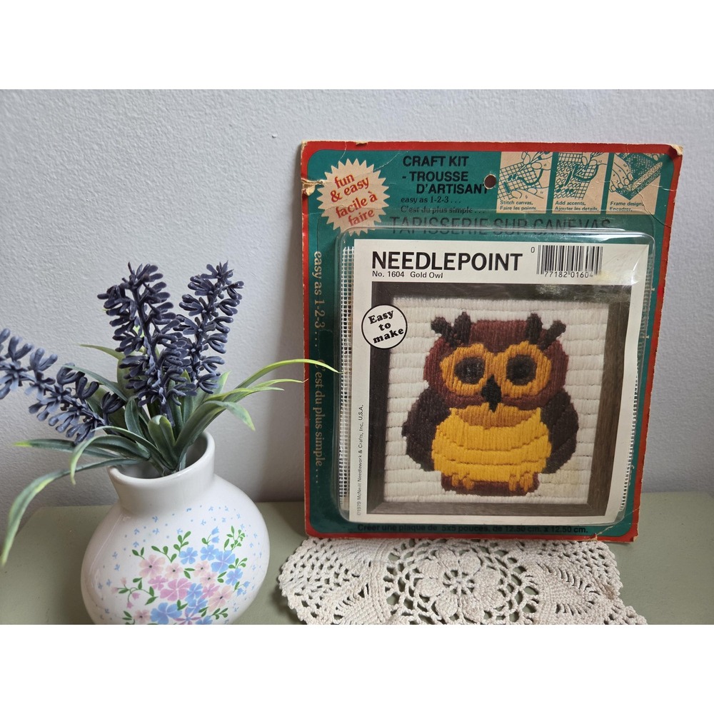1979 McNeill Gold Owl Needlepoint Kit Vintage 70s Craft NOS